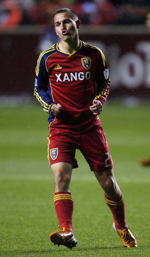 Steve Griffin | The Salt Lake Tribune

Real Salt Lake's Luis Gil reacts after missing on a shot during first half action of the CONCACAF match with C.S. Herediano in Sandy on Oct. 23, 2012. Real Salt Lake's Luis Gil  has been one of the nation's most highly regarded young players throughout his teenage years. RSL expects Gil to have an impact this season.
