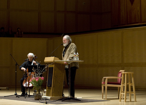 Kim Raff  |  The Salt Lake Tribune
(right) Coleman Barks, acclaimed poet, translator and interpreter, recites the poetry of 13th century Persian mystic Rumi with Grammy award winning cellist, David Darling during Evening of Rumi with Music and Commentary – A Turning Night of Stars at the Gardner Concert Hall in Salt Lake City on February 28, 2013.