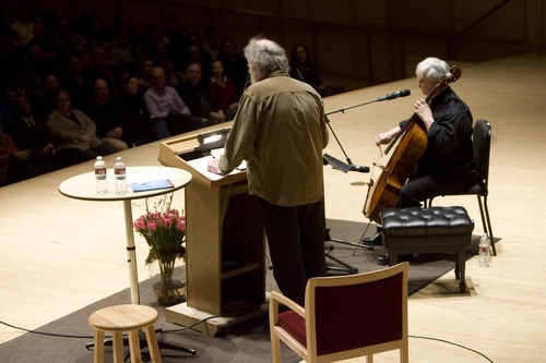 Kim Raff  |  The Salt Lake Tribune
(left) Coleman Barks, acclaimed poet, translator and interpreter, recites the poetry of 13th century Persian mystic Rumi with Grammy award winning cellist, David Darling during Evening of Rumi with Music and Commentary – A Turning Night of Stars at the Gardner Concert Hall in Salt Lake City on February 28, 2013.