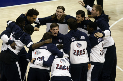 Chris Detrick  |  The Salt Lake Tribune
Gonzaga Bulldogs cheer before the game at the Marriott Center Thursday February 28, 2013. Gonzaga is winning the game 35-31 at halftime.