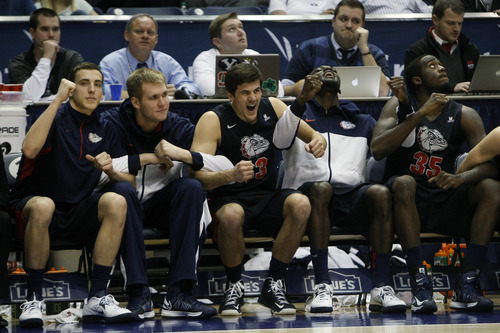 Chris Detrick  |  The Salt Lake Tribune
Members of the Gonzaga basketball team cheer during the final seconds of the game at the Marriott Center Thursday February 28, 2013. Gonzaga won the game 70-65.