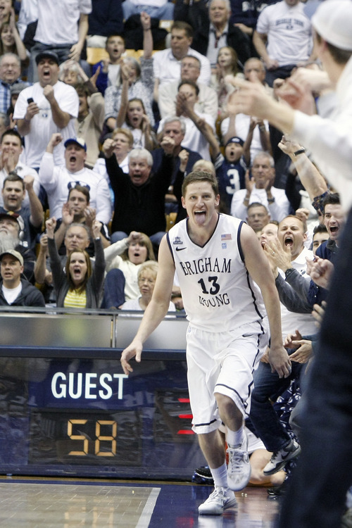 Chris Detrick  |  The Salt Lake Tribune
Brigham Young Cougars guard Brock Zylstra (13) celebrates after scoring during the second half of the game at the Marriott Center Thursday February 28, 2013. Gonzaga won the game 70-65.