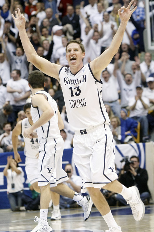 Chris Detrick  |  The Salt Lake Tribune
Brigham Young Cougars guard Brock Zylstra (13) celebrates after hitting a three pointer during the second half of the game at the Marriott Center Thursday February 28, 2013. Gonzaga won the game 70-65.