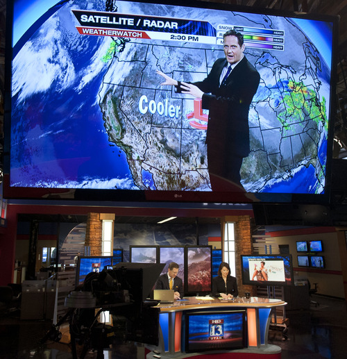 Steve Griffin | The Salt Lake Tribune


KSTU anchors Bob Evans and Hope Woodside prepare for the next segment as KSTU meteorologist, Brett Benson, does the weather during the five o'clock news at the KSTU studios in Salt Lake City, Utah Tuesday February 26, 2013.