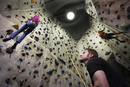 Scott Sommerdorf   |  The Salt Lake Tribune
Climbers climb at Rockreation in Holladay on Saturday. First Descents' fourth annual event has people climbing in a climbing gym from 9 a.m. to noon to benefit cancer programs and raise awareness, Saturday, March 2, 2013.