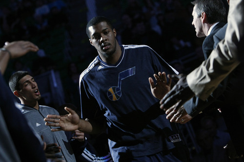 Chris Detrick  |  The Salt Lake Tribune
Utah Jazz power forward Derrick Favors (15) is introduced before the game at EnergySolutions Arena Friday March 1, 2013.