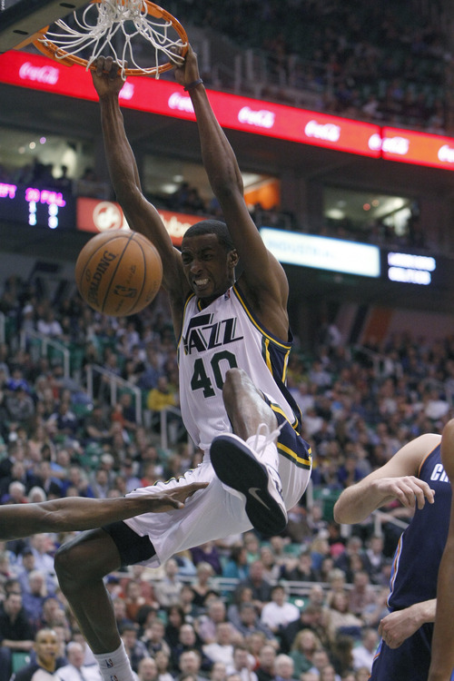 Chris Detrick  |  The Salt Lake Tribune
Utah Jazz small forward Jeremy Evans (40) dunks the ball during the second half of the game at EnergySolutions Arena Friday March 1, 2013. The Jazz won the game