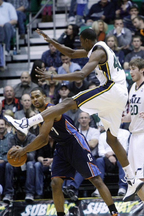 Chris Detrick  |  The Salt Lake Tribune
Utah Jazz small forward Jeremy Evans (40) guards Charlotte Bobcats point guard Ramon Sessions (7) during the second half of the game at EnergySolutions Arena Friday March 1, 2013. The Jazz won the game