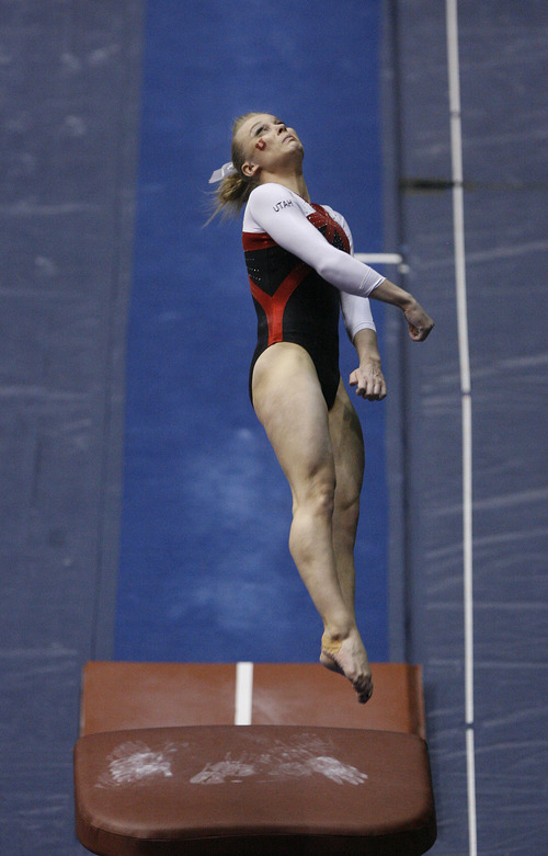 Scott Sommerdorf   |  The Salt Lake Tribune
Utah's Georgia Dabritz during her 9.925 performance in the vault as the Utah Red Rocks won a tri meet versus BYU and North Carolina State at BYU, Friday, March 1, 2013. Utah finished with 197.125 points to BYU's 195.000, and N.C.St. with 194.675.
