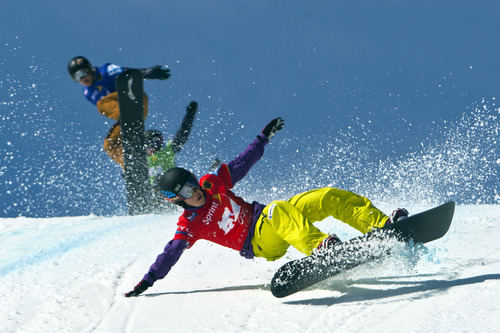 Chris Detrick  |  The Salt Lake Tribune
Simona Meiler, Callan Chythlook-Sifsof and Brooke Shaw wipe out while competing during the Sprint U.S. Snowboardcross Grand Prix at Canyons Resort Saturday March 2, 2013.