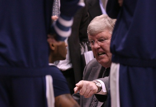 Leah Hogsten  |  The Salt Lake Tribune
Utah State Aggies head coach Stew Morrill during a timeout. Brigham Young University Cougars defeated Utah State University Aggies 70-68 in Provo, February 19, 2013.
