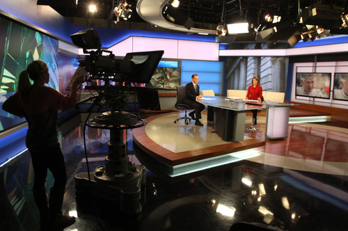 Rick Egan  | The Salt Lake Tribune 

KSL News anchors, Dave McCann (left) and Nadine Wimmer  (right) on the set of the 6:00 news at the KSL studio in Salt Lake City, Wednesday, February 27, 2013.