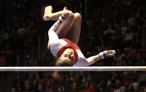 Rick Egan  | The Salt Lake Tribune 

Tory Wilson competes on the bars for the Ute's, in gymnastics action against The University of California, at the Huntsman Center, Saturday, February 9, 2013.