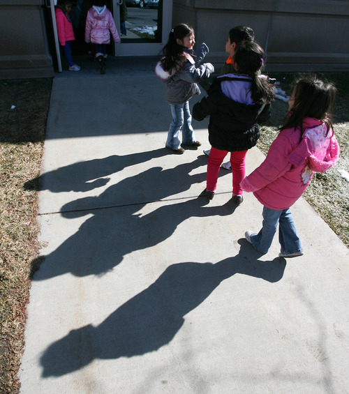 Steve Griffin | The Salt Lake Tribune
Students in Alison Ovard's afternoon preschool class at Woodrow Wilson Elementary in the Granite School District enjoy the sunshine as they head back to their classroom after recess on Monday. SB71, a bill to create a preschool program for at-risk kids, is based on Granite's program.