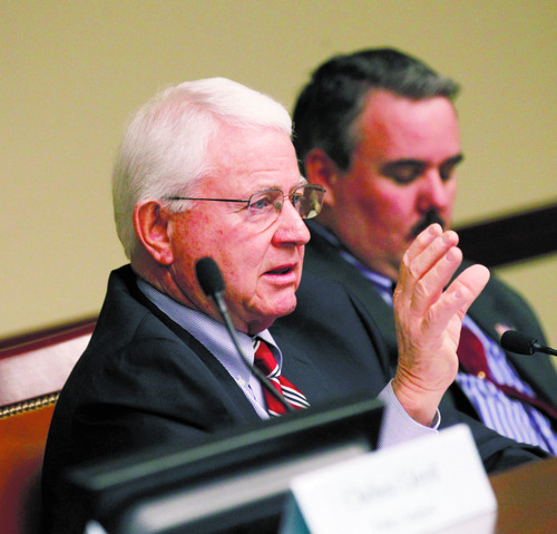 Al Hartmann  |  The Salt Lake Tribune
Rep Kay McIff, R-Richfield, chairman of the House Judiciary Committee questions Rep. Brian Greene, R-Pleasant Grove about  HB114S1 Second Amendment Preservation Act Monday March 4.  The bill will would have Utah gun laws trump federal laws.