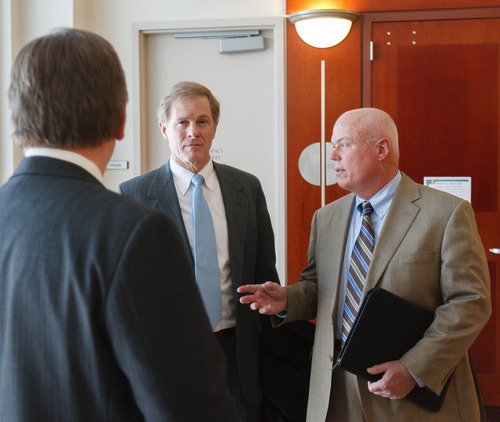 Trent Nelson  |  The Salt Lake Tribune
Attorney Jeffrey Shields and Bruce Wisan after at a hearing on the UEP land trust Tuesday, March, 5, 2013 in Salt Lake City