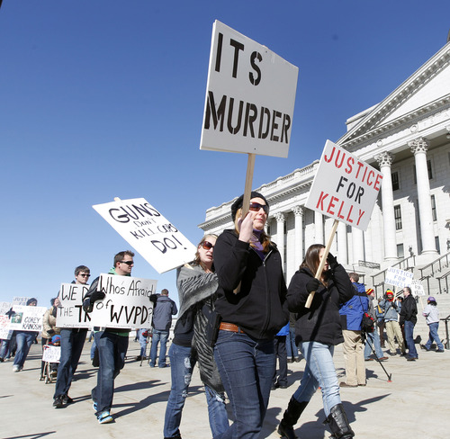 Al Hartmann  |  The Salt Lake Tribune
Friends, family and citizens demonstrate in front of the state capitol  Monday March 4 against what they believe was excessive force by police in the deaths of Danielle Willard, Corey Kanosh and Kelly Simons.