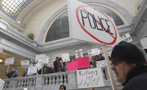 Al Hartmann  |  The Salt Lake Tribune
Friends, family and citizens demonstrate in the state capitol in front of the Supreme Court Monday March 4 against what they believe was excessive force by police in the deaths of Danielle Willard, Corey Kanosh and Kelly Simons.