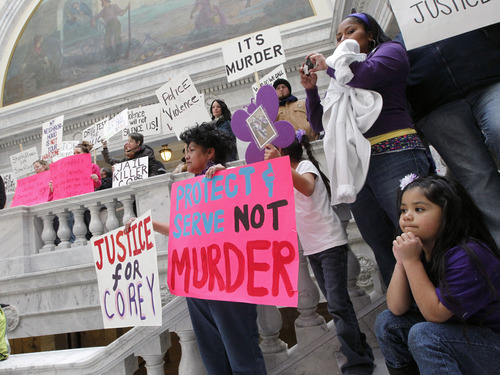 Al Hartmann  |  The Salt Lake Tribune
Friends, family and citizens demonstrate in the state capitol in front of the Supreme Court Monday March 4 against what they believe was excessive force by police in the deaths of Danielle Willard, Corey Kanosh and Kelly Simons.