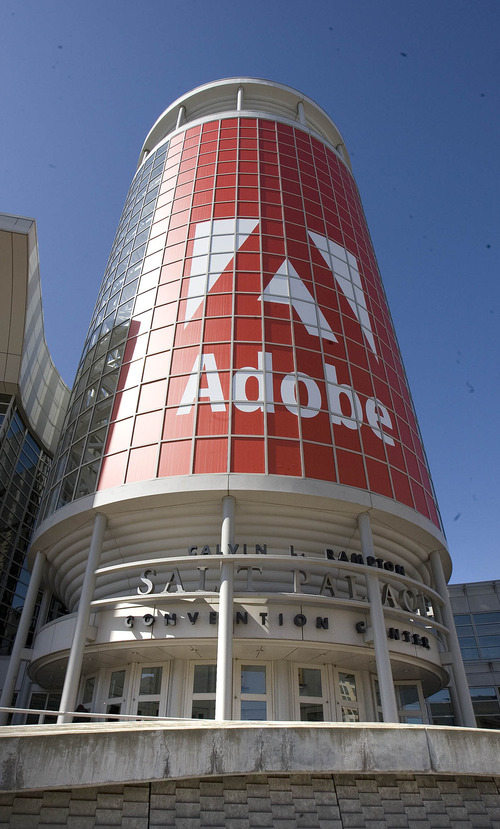 Paul Fraughton  |   Salt Lake Tribune
The Adobe logo decorates the tower of the Salt Palace Convention Center where the company is hosting its' Summit Digital Marketing Conference.
 Wednesday, March 6, 2013