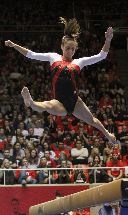 Rick Egan  | The Salt Lake Tribune 

Breanna Hughes competes on the Beam for the Ute's, in gymnastics action against The University of California, at the Huntsman Center, Saturday, February 9, 2013.