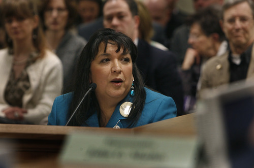 Scott Sommerdorf   |  The Salt Lake Tribune
Rep. Rebecca Chavez-Houck, D-Salt Lake City, speaks about her bill, HB91, during a House Government Operations Committee meeting. The bill would allow Election Day voter registration. Currently, a person has to be registered 30 days or more before an election to cast a ballot. The committee passed the bill by a 6-2 roll call vote, Wednesday, March 6, 2013.