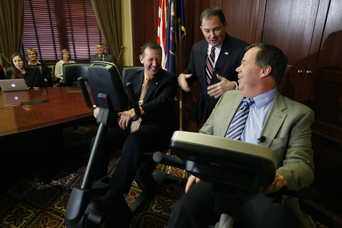Scott Sommerdorf   |  The Salt Lake Tribune
Gov. Gary Herbert speaks with Rep. Paul Ray, R-Clearfield, left, and Rep. Eric Hutchings, R-Kearns, right, while they pedal on stationary bikes to highlight the importance of exercise during the governor's availability, Thursday, March 7, 2013.