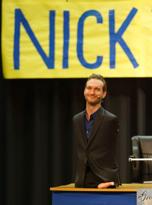 Trent Nelson  |  The Salt Lake Tribune
Motivational speaker Nick Vujicic speaks to students at Bryant Middle School in Salt Lake City about the dangers of bullying. The assembly was simulcast and streamed to about 200 schools across Utah Thursday, March 7, 2013.