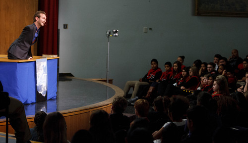 Trent Nelson  |  The Salt Lake Tribune
Motivational speaker Nick Vujicic speaks to students at Bryant Middle School in Salt Lake City about the dangers of bullying. The assembly was simulcast and streamed to about 200 schools across Utah Thursday, March 7, 2013.