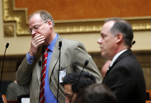 Al Hartmann  |  The Salt Lake Tribune
Rep. Kraig Powell, R-Heber City, left, listens to Rep. Brian Greene, R- Pleasant Grove argue HB 114 Second Amendment Preservation Act in the House of Representatives Friday March 8. Powell wanted to ammend part of the bill.