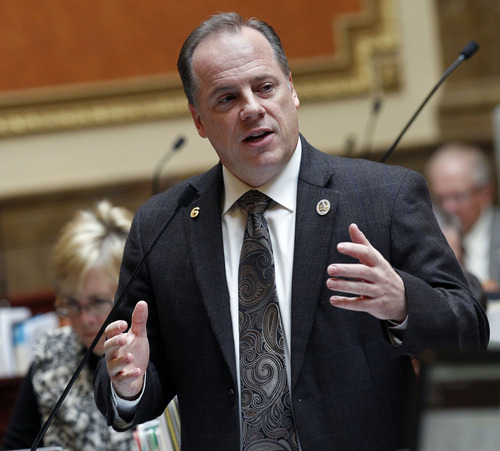 Al Hartmann  |  The Salt Lake Tribune
Rep. Brian Greene, R-Pleasant Grove, sponsor of HB 114 Second Amendment Preservation Act speaks in the House of Representatives Friday March 8 during debate of the bill.
