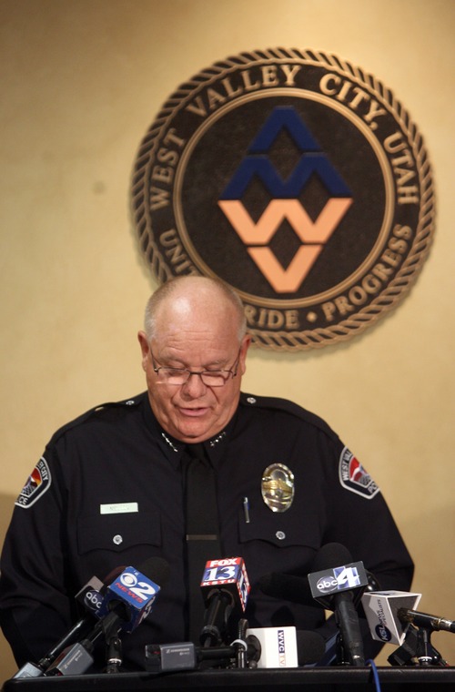 Kim Raff | The Salt Lake Tribune
West Valley City Police Chief Thayle "Buzz" Nielsen speaks during a press conference to discuss the Susan Powell case at West Valley City Hall in West Valley City, Utah on March 30, 2012.