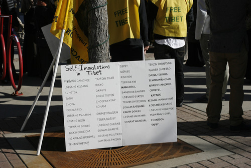 Scott Sommerdorf  |  The Salt Lake Tribune
A list of the individuals who have chosen self-immolation as a form of protest in Tibet. The Tibetan community of Utah observed the 54th worldwide commemoration of National Tibetan Uprising Day at the Wallace Bennett Federal Building, Sunday, March 10, 2013.  On this date in 1959, tens of thousands of Tibetans took to the streets of Lhasa, Tibet's capital, rising up against China's illegal invasion and occupation of their homeland.