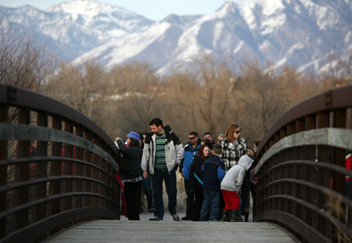 Kim Raff  |  The Salt Lake Tribune
People gather during a vigil for 15-year old Anne Kasprzak at the bridge where she was found dead one year earlier on the Jordan River Parkway Trail in Draper on March 10, 2013. Kasprzak's parents are now saying they don't think police arrested the right men for killing her. They hope the vigil will eliciting new leads.
