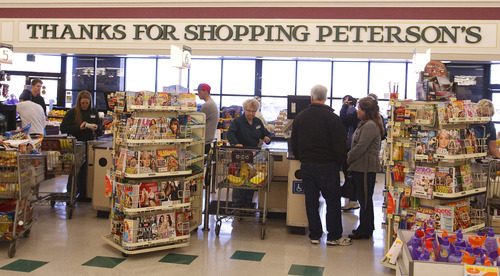 Leah Hogsten  |  The Salt Lake Tribune
Shoppers at Peterson's grocery Saturday, March 9, 2013.
In early summer, the Peterson family will move its long-time business across the street, to 1784 W. 12600 South, to a larger space in a Fresh Market store, which will close.