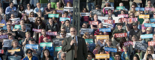 Steve Griffin | The Salt Lake Tribune


Sen. Stephen Urquhart, R-St. George, sponsor of SB262, speaks during a rally, sponsored by Equality Utah, supporting the bill prohibiting discrimination on the basis of sexual orientation and gender identity. Equality Utah was joined by members of the LGBT community as well as Kol Ami, NAACP, La Raza and Mormons Building Bridges during the event at the capitol in Salt Lake City, Utah Wednesday March 13, 2013.