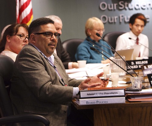Leah Hogsten  |  The Salt Lake Tribune
Michael Clara, (left) a Salt Lake City School Board member who filed a complaint with the U.S. Department of Education, asserting there are too many ineffective and inexperienced teachers in west-side schools was in the hot seat Tuesday, March 5, 2013, as members of the teacher's association addressed Clara at the Salt Lake City School District meeting.