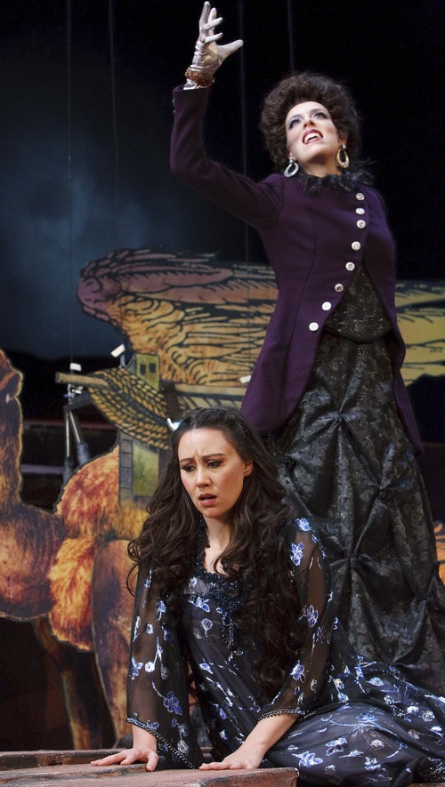 Leah Hogsten  |  The Salt Lake Tribune
The Queen of the Night (Audrey Luna) issues a cruel ultimatum to her daughter, Pamina (Anya Matanovic), in Utah Opera's production of Mozart's "The Magic Flute."