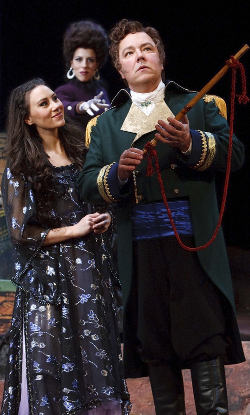 Leah Hogsten  |  The Salt Lake Tribune
The Queen of the Night (Audrey Luna) schemes in the background as Pamina (Anya Matanovic) and Tamino (Robert Breault) embark on a quest in Utah Opera's production of Mozart's "The Magic Flute."