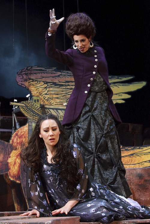 Leah Hogsten  |  The Salt Lake Tribune
The Queen of the Night (Audrey Luna) issues a cruel ultimatum to her daughter, Pamina (Anya Matanovic), in Utah Opera's production of Mozart's "The Magic Flute."