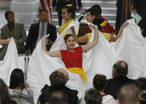 Scott Sommerdorf   |  The Salt Lake Tribune
Dancers from "Viva el Folklore" of Provo perform at Latino Day at the Utah Capitol, Wednesday, March 13, 2013.