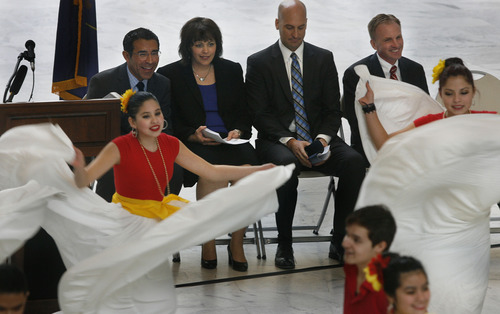 Scott Sommerdorf   |  The Salt Lake Tribune
Speaker of the House Becky Lockhart, R-Provo, second from left, watches dancers from "Viva el Folklore" of Provo perform at Latino Day at the Utah Capitol, Wednesday, March 13, 2013.
