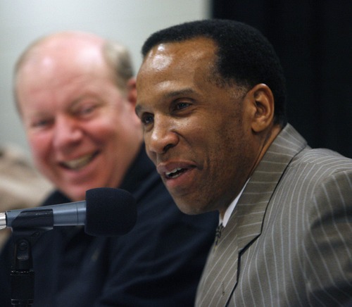 Tribune file photo
Adrian Dantley jokes with jazz owner Larry Miller, left, at a press conference in 2007 before the team retired Dantley's jersey.