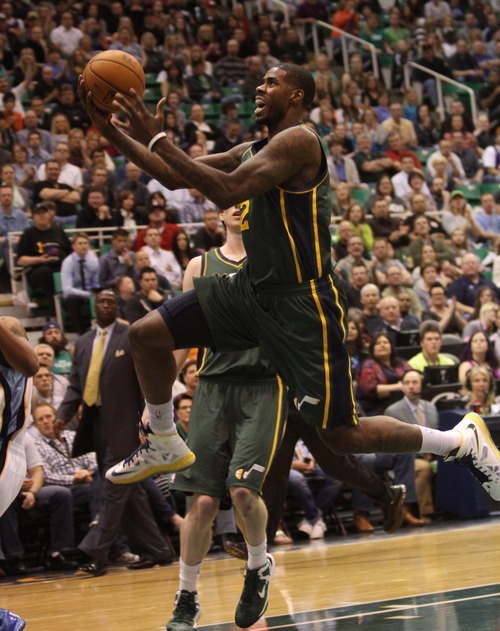 Rick Egan  | The Salt Lake Tribune 

Utah Jazz power forward Marvin Williams (2) goes in for two points, in NBA action, The Utah Jazz vs. The Memphis Grizzlies at EnergySolutions Arena, Saturday, March 16, 2013.