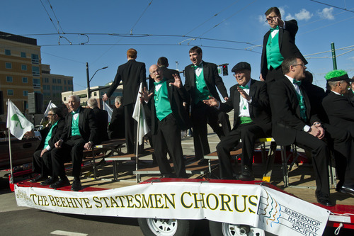 Chris Detrick  |  The Salt Lake Tribune
Members of the Beehive Statesmen Chorus perform during the Salt Lake City St. Patrick's Day parade Saturday March 16, 2013. The annual parade showcasing Utah's Irish heritage, which celebrates its 35th year today, claims its roots in the first Irish immigrants brought to the state by Park City's mining boom, and even Irish-American soldiers stationed at Fort Douglas as early as 1862.