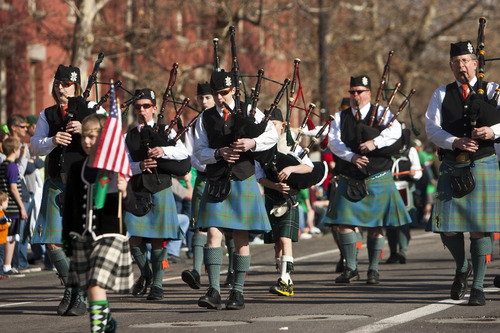 Chris Detrick  |  The Salt Lake Tribune
Members of the Utah Pipe Band perform during the Salt Lake City St. Patrick's Day parade Saturday March 16, 2013. The annual parade showcasing Utah's Irish heritage, which celebrates its 35th year today, claims its roots in the first Irish immigrants brought to the state by Park City's mining boom, and even Irish-American soldiers stationed at Fort Douglas as early as 1862.