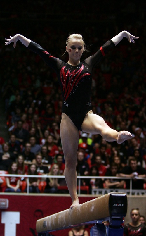 Kim Raff  |  The Salt Lake Tribune
Utah gymnast Georgia Dabritz performs her routine on the beam during a meet against Florida at the Huntsman Center in Salt Lake City on March 16, 2013. Utah went on to beat Florida in the meet.