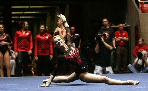 Kim Raff  |  The Salt Lake Tribune
Utah gymnast Mary Beth Lofgren performs her routine on the floor event during a meet against Florida at the Huntsman Center in Salt Lake City on March 16, 2013. She received a perfect 10 for her routine.