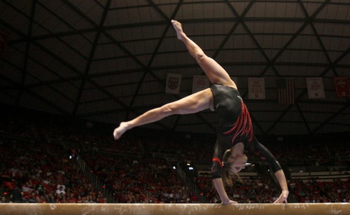 Kim Raff  |  The Salt Lake Tribune
Utah gymnast Breanna Hughes performs her routine on the beam during a meet against Florida at the Huntsman Center in Salt Lake City on March 16, 2013. Utah went on to beat Florida in the meet.