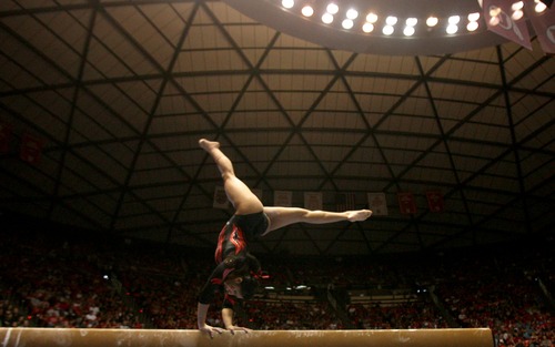 Kim Raff  |  The Salt Lake Tribune
Utah gymnast Kassandra Lopez performs her routine on the beam during a meet against Florida at the Huntsman Center in Salt Lake City on March 16, 2013. Utah went on to beat Florida in the meet.